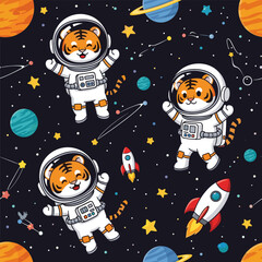 Adorable astronaut tigers float in a vibrant space scene with planets and rockets Childhood dreams