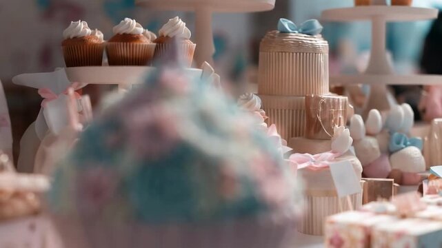 Pastel cupcake with blue frosting and pink floral decorations on a bakery display among other desserts.