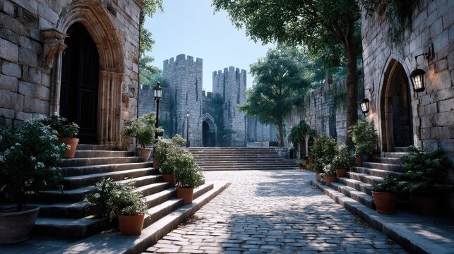 Ancient Stone Castle Courtyard with Steps and Greenery in Sunlight