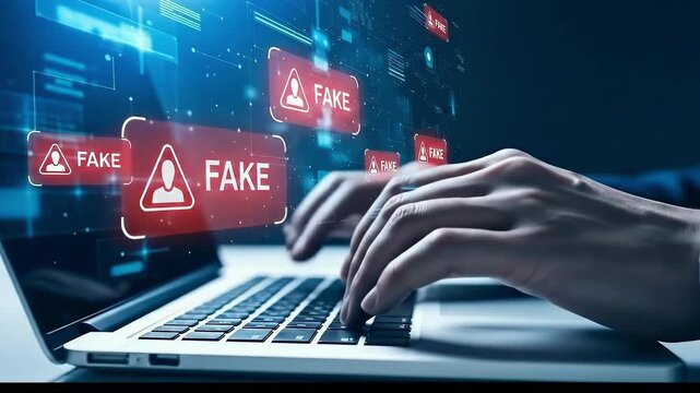 Typing on laptop with fake alert video overlay, battling misinformation and digital security