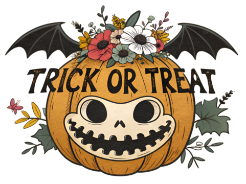 Halloween pumpkin with bat wings floral crown Trick or Treat text isolated on transparent background - Powered by Adobe