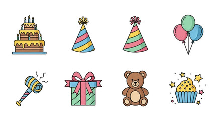 Birthday party icon set and celebration elements, flat design, set of icons