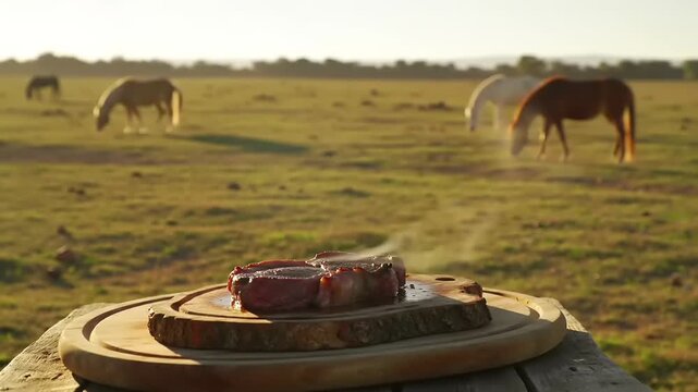 Steak cooking outdoors horses
