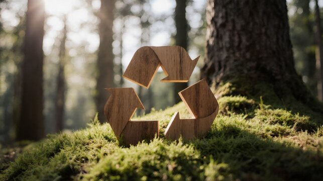 Wooden recycling symbol in a sunlit forest, representing sustainability and nature conservation.