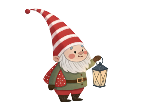Smiling Christmas gnome holding a lantern with red and white striped hat isolated on transparent background