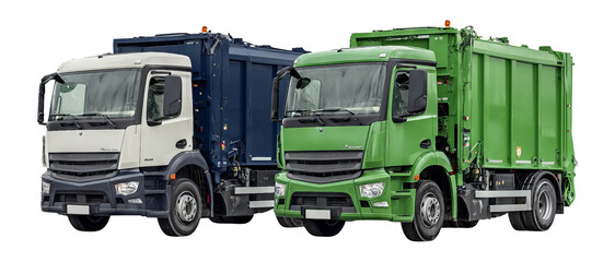 Two Modern Garbage Trucks in Green and Blue Colors on Isolated Background