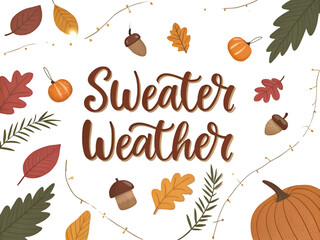 Sweater Weather autumn design with pumpkins leaves acorns and branches isolated on transparent background