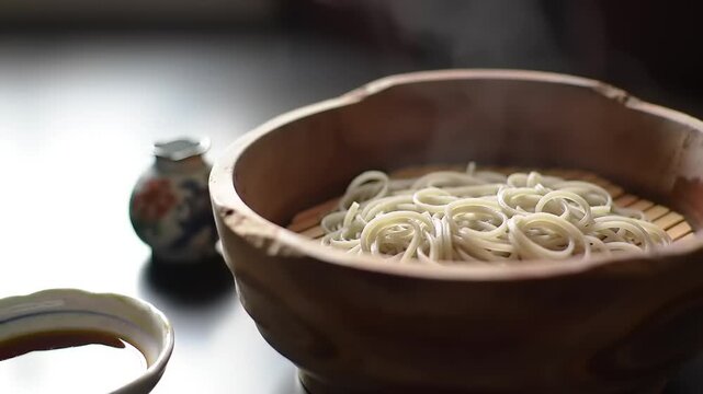 Steaming noodles in wooden bowl