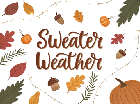 Sweater Weather autumn design with pumpkins leaves acorns and branches isolated on transparent background