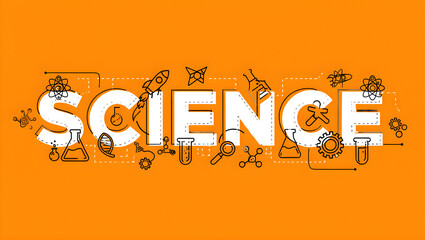 Creative science word art with illustrations of scientific concepts