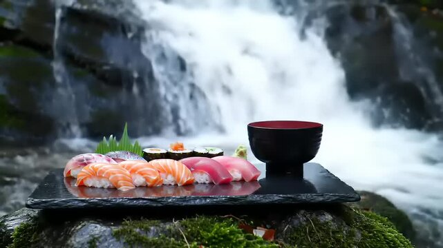 Sushi platter waterfall background