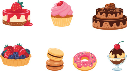 Colorful sweet dessert vector set including cake, cupcake, tart, macaron, donut, and sundae, perfect for food illustration projects