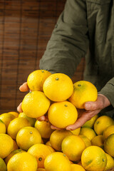 Fresh Jianyang Pomelos and Tangerines from Fujian China Held in Hands at Local Market