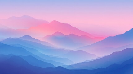 A landscape shows layers of misty mountains in shades of pink, blue, and purple