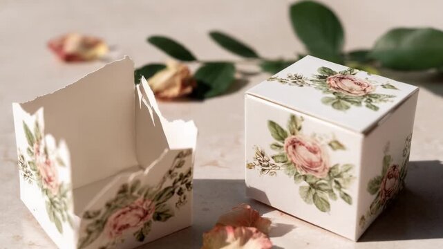 Decorative cream gift box and an open matching holder, both with pink rose prints, set on a table among scattered rose petals.