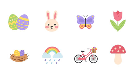 Easter icon set with charming rabbit, eggs, tulip, and bicycle illustration