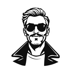 Man portrait illustration, stylish male character, cool guy design, hipster fashion artwork, modern hairstyle symbol with sunglasses
