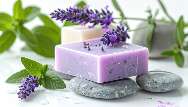 Lavender soap bars on stones, sprigs of fresh herbs