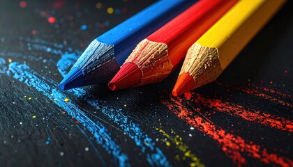 Close-up of three colored pencils