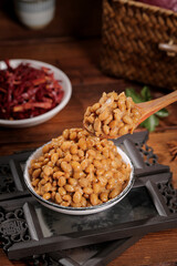 Japanese Natto Fermented Soybeans in Small Dishes with Mixed Cold Appetizers Traditional Asian Cuisine
