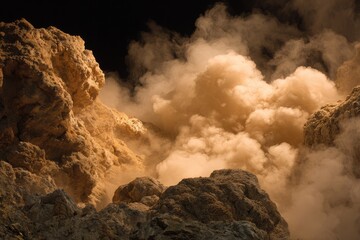 Volcanic eruption, light beige smoke billows over rough, tan rocks