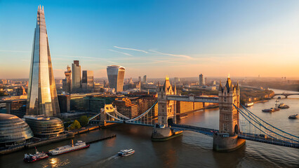 The iconic Tower Bridge is prominently featured in the center, spanning the River Thames. The Shard, a tall, glass skyscraper