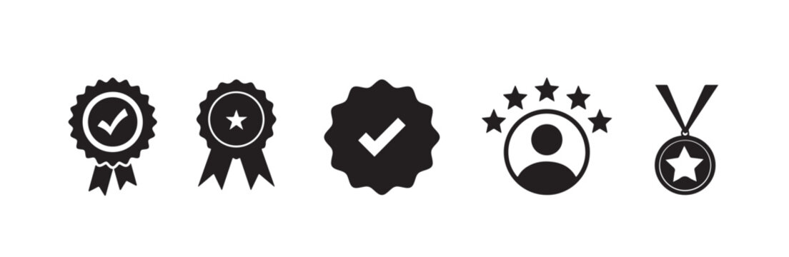 Award Icons Collection - Checkmark Badge, Star Ribbon Seal, Verified Stamp, User Rating with Stars, and Medal Pendant in Black and White Vector Set for Achievement and Recognition Designs