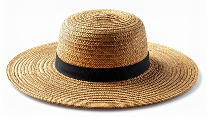 Wide-brimmed straw hat with black band, tightly woven texture, circular shape, isolated on white background, ideal for summer fashion, sun protection, outdoor style, and seasonal accessories.