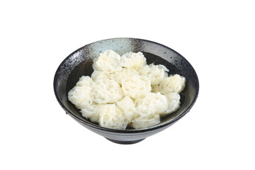 Fresh White Cauliflower Florets in Dark Bowl on White Background