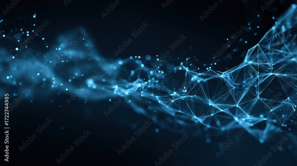 Wall mural abstract digital rendering of a flowing, luminous blue network of interconnected points and lines ag
