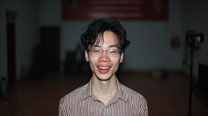 Obraz premium Smiling Young Man in Striped Shirt Indoors