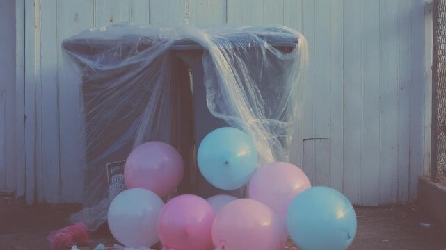 A dumpster with pastel balloons spilling out, partly covered by a plastic sheet, with confetti on the ground.