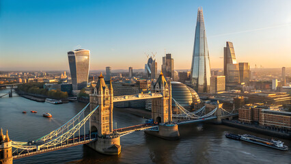 Obraz premium London at sunrise, showcasing a vibrant cityscape with a clear blue sky.