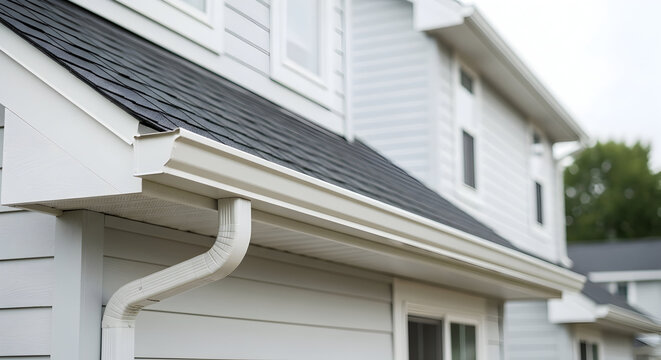 New Home Construction Exterior Seamless Gutters White Siding Roof Real Estate Property Improvement Home Renovation Residential Architecture House Building Exterior Design Home Improvement Project