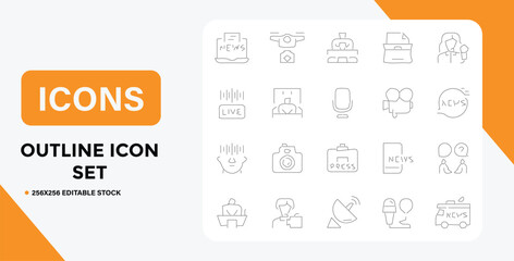 Outline Icon Set Depicting Journalism Broadcasting and News Media Concepts