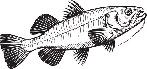 Vintage Fish engraving outline vector art illustration design, Fish silhouette, hand drawn, line art fish design