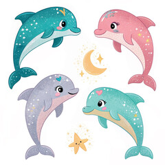 set of funny colourful cartoon dolphin 