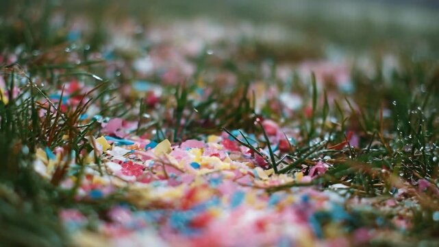 Colorful candy sprinkles scattered across wet grass after rain.