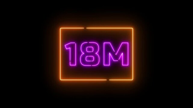 Neon a yellow design with the text "18M FOLLOWERS." The letters are stylized and illuminated, conveying a celebratory tone.Glowing neon text illuminating 18M in a rectangle against a black background.