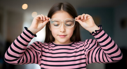 Fototapeta premium Girl trying on new clear glasses cute child eyewear vision care adorable kid fashion trendy eyeglasses optical shop pediatric ophthalmologist eye exam