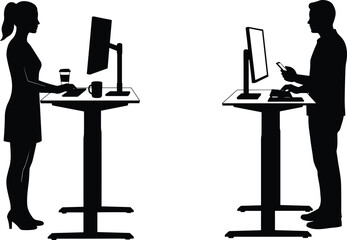 Silhouette vector illustration of man and woman working at standing desk with computer, modern office workspace, business concept, technology, productivity, workplace lifestyle design