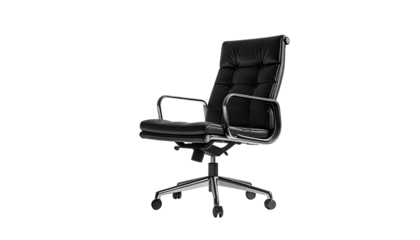 Black leather office chair with padded back and armrests
