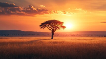 The vast, golden grasslands of the Serengeti at sunset, with a solitary, iconic acacia tree silhouetted against the fiery sky, heat haze shimmering on the horizon, cinematic wildlife photography style