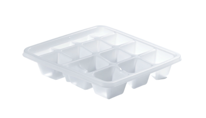 Clear plastic ice cube tray with nine compartments