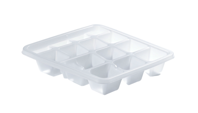 Clear plastic ice cube tray with nine compartments