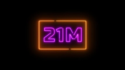 Neon a yellow design with the text "21M FOLLOWERS." The letters are stylized and illuminated, conveying a celebratory tone.Glowing neon text illuminating 21 in a rectangle against a black background.