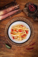 Fresh Bamboo Shoots Stir-Fry Fujian Cuisine Jianou Traditional Chinese Food Red Peppers Wooden Table Rustic Kitchen