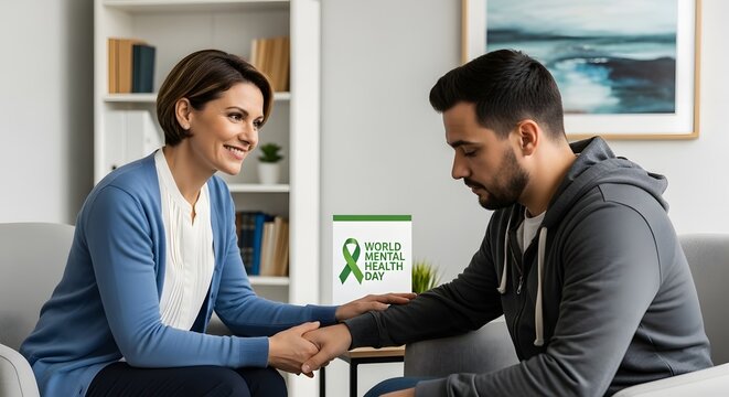 Supportive conversation between a therapist and a client during World Mental Health Day in a cozy office