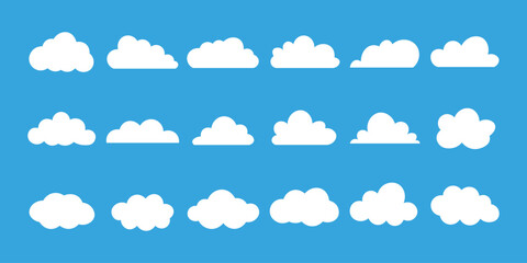 Cloud icon set vector on blue background. sky, weather, nature, blue, cartoon, shape, abstract, symbol, element, design, graphic, art, sign, symbol.
