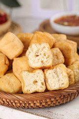 Fried Tofu Cubes in Basket with Dip - Golden Crispy Bean Curd Asian Appetizer